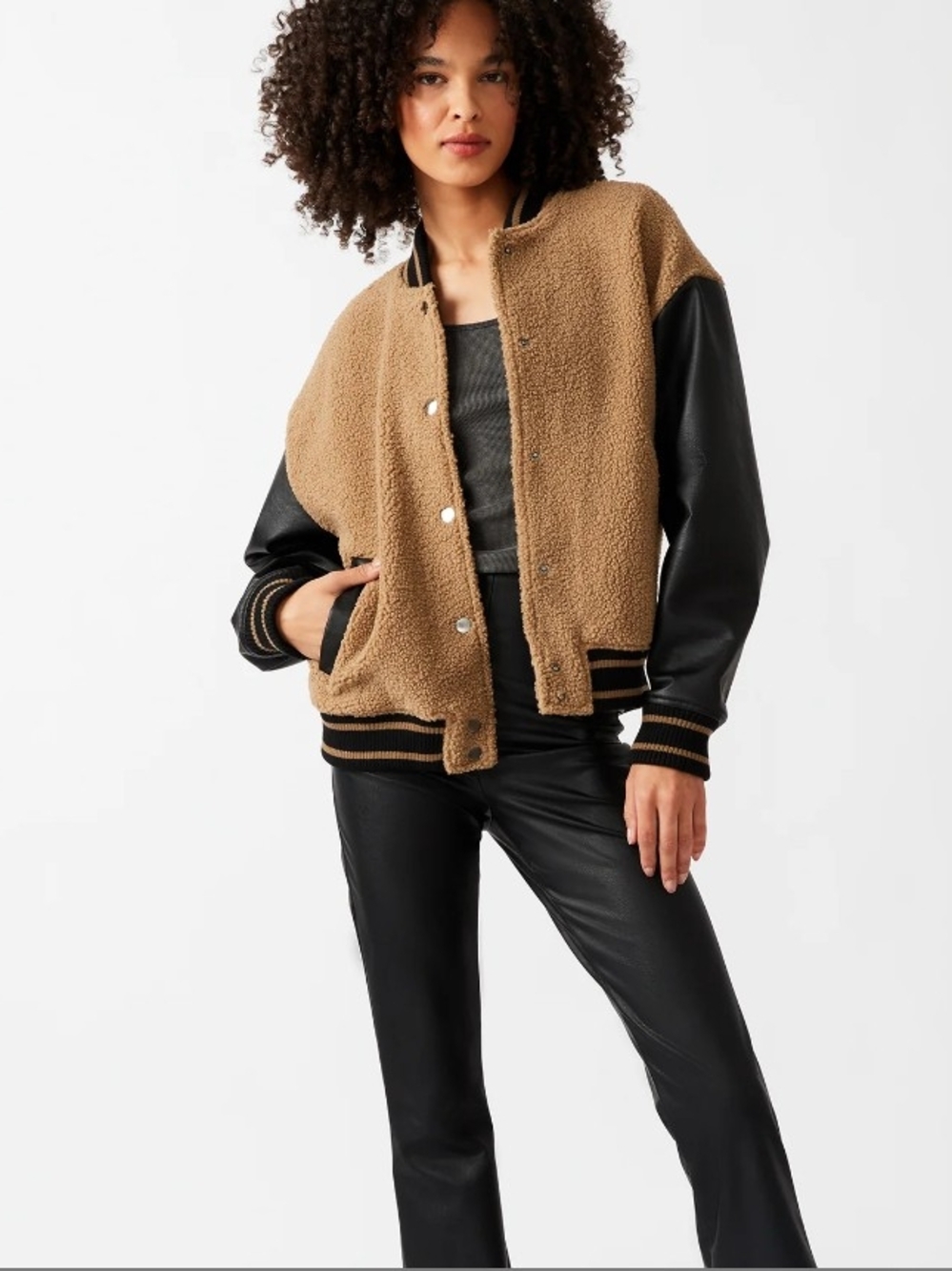 Steve Madden Tan Teddy Varsity Jacket with Black Sleeves